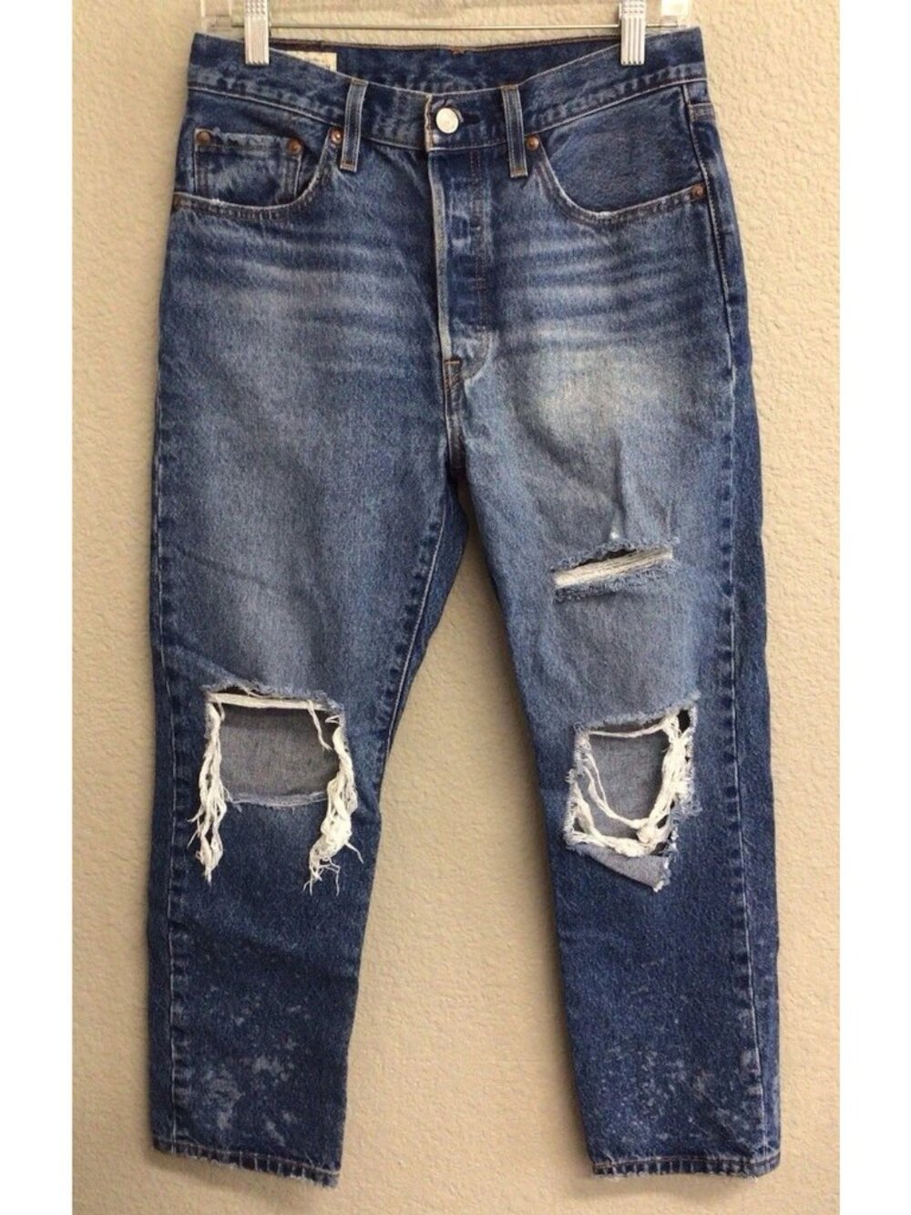 Levi's Original Crop 501 Jeans Womens Distressed Denim Button Fly Size 27